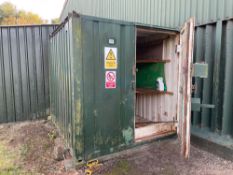 Chemical store shipping container with internal shelving and bunding, 2.6m x 2.4m. Sold in situ, buy