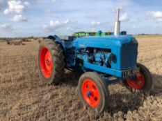 1958 Fordson Major diesel 2wd tractor with side belt pulley, rear linkage and drawbar on 6.00-19 fro