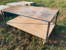 Metal work bench on castors, 1m x 2m