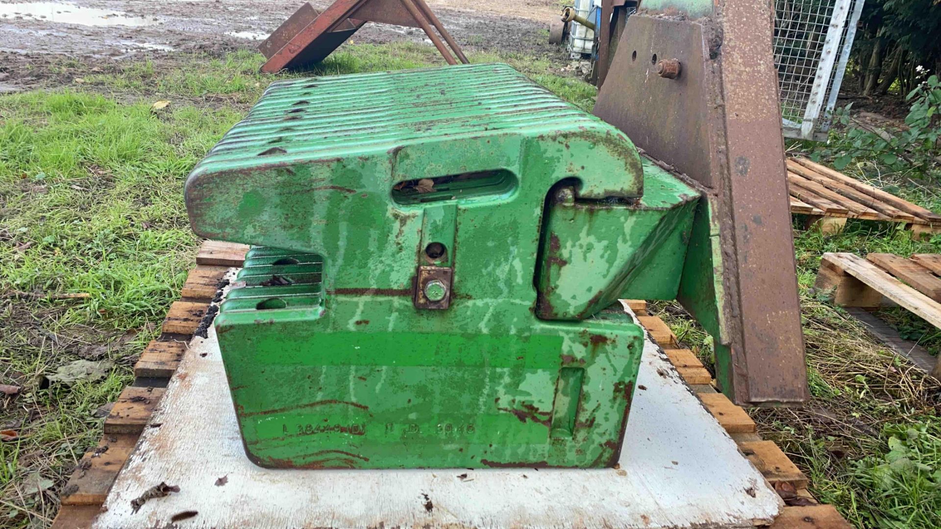John Deere wafer weight frame c/w 18 x 45kg wafer weights - Image 2 of 4