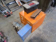 ORANGE STORAGE BOX, 2 SMALL TOOLBOXES WITH TOOLS, 4 HAMMERS & SELECTION OF WASHERS [NO VAT]