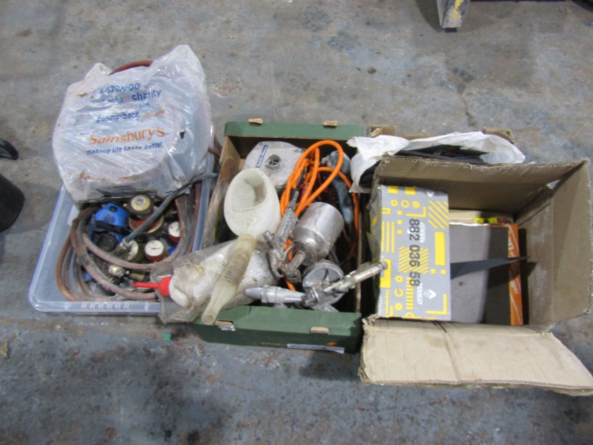 3 BOXES OF TOOLS INC ELEC EQUIPMENT, GAS CUTTING EQUIPMENT, MAKITA BLOWER / SANDER & PAINT GUNS [