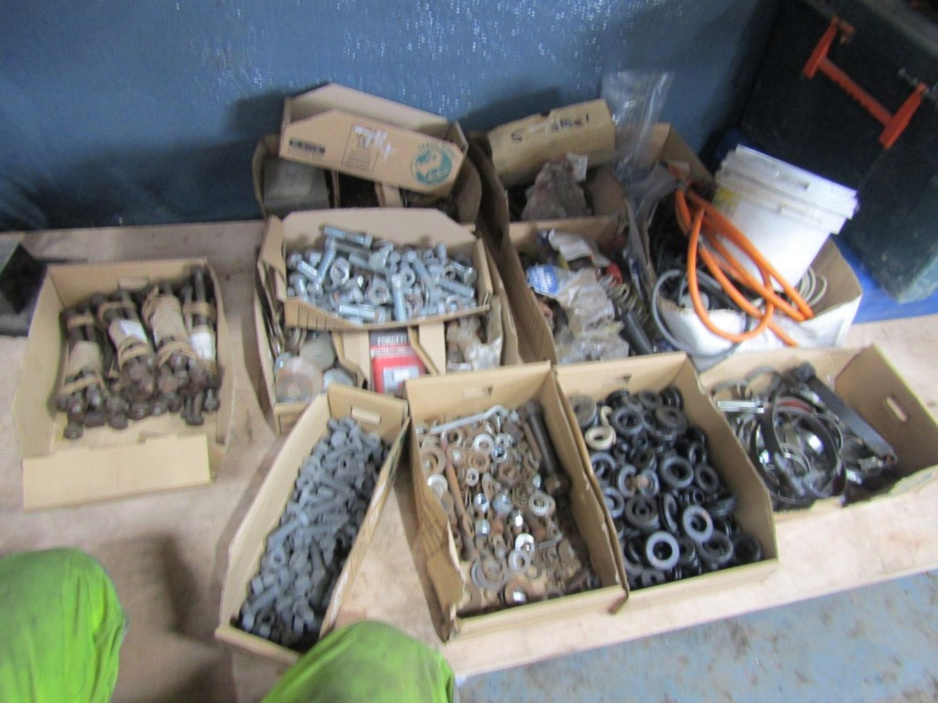 QTY OF BOXES CONTAINING NUTS, BOLTS, GROMETS, WASHERS, NAILS, SPRINGS & CABLE [NO VAT]