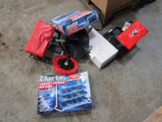 3 X CLARKE MECHANICS MOBILE SEATS, CLARKE COMPOUND MITRE SAW, 2 X CLARKE STORAGE BIN RACKS (