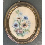 Early 20th century floral study in brass oval frame, 21.5x17.5cm