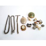 Two white metal chains (af); a white metal locket, 5cmL; brass fob chain and t bar (af); citrine gla