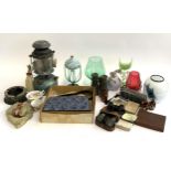 A mixed lot to include opera glasses, binoculars, Bective handbag, coloured glass, oil lantern, onyx