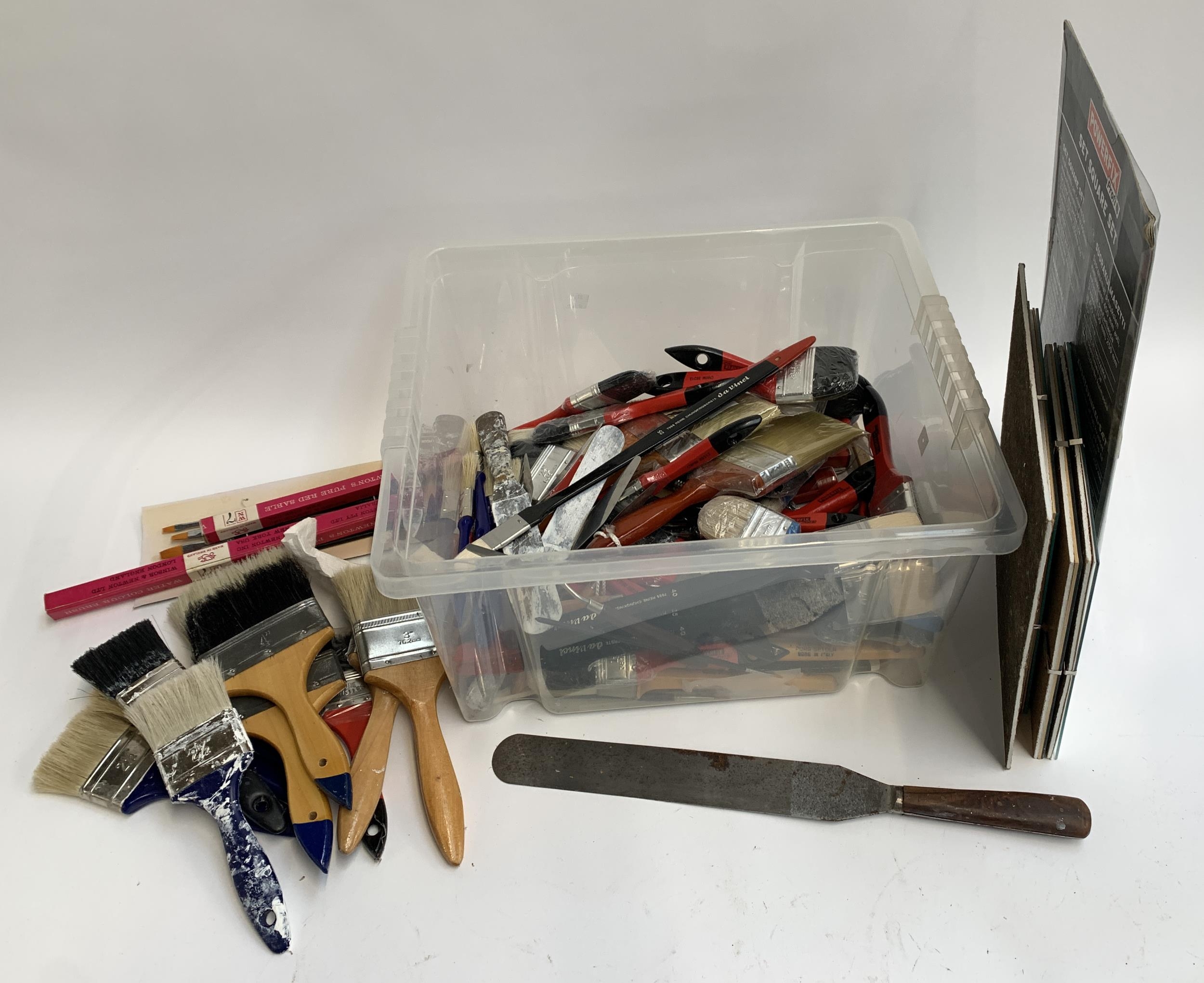 A mixed lot to include mainly large paint brushes, set square set, palette knives etc