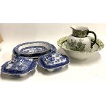 A small lot of blue and white willow pattern ceramics to include 2 meat plates and 2 lidded tureens,