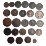 A small collection of mainly one penny coins to include George I 1721, George II, George III 1775,