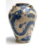 A Chinese blue and white crackle glaze urn with 4 loop handles to top, decorated with naive dragon