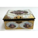 A large Sevres style porcelain box, with hand painted continental scenes, mounted in gilt metal,