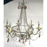 A silver painted six arm glass drop chandelier, approx 70cmH