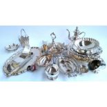 A mixed lot of silver plated items to include trays, hors d'oeuvre dishes, tongs, ice cube claws,