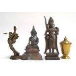 A cast metal statue of Buddha, 19cmH, together with on other cast metal statue, a resin figure of