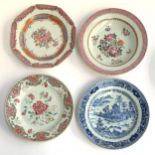 Four 19th century Chinese plates to include 3 famille rose (3 af), all approx 23cmD