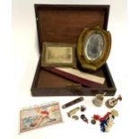 A mixed lot to include mahogany writing box (af), pen knives, golden shred badge, velvet framed 19th