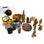 A mixed lot to include carved wooden items, Koss pro/4aa headphones, industrial style light etc