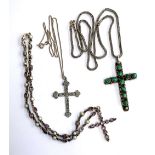 Three crucifix necklaces, one set with amethysts, approx. 20.8g; one with turquoise, approx. 21.5g