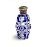 A 19th century Bohemian cut glass scent bottle, blue over clear, with chased silver top, 8cmH