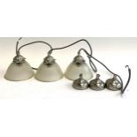 A set of 3 frosted glass hanging pendant lights with fittings, 17cmD