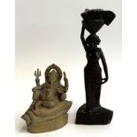 A cast metal figure of Ganesha, 15.5cmH together with a carved hardwood figure