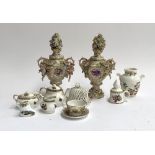 A small lot of ceramics to include pseudo Meissen encrusted bottle vases; Staffordshire lattice
