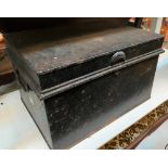 A black metal deed box, the top monogrammed J.R.M, 42x31x25cm
