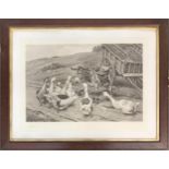 19th century, mezzotint, geese and mule, 55x76cm