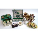 A mixed lot to include a wooden painted box with a carved frog on lilypad to lid, 6 Royal Doulton