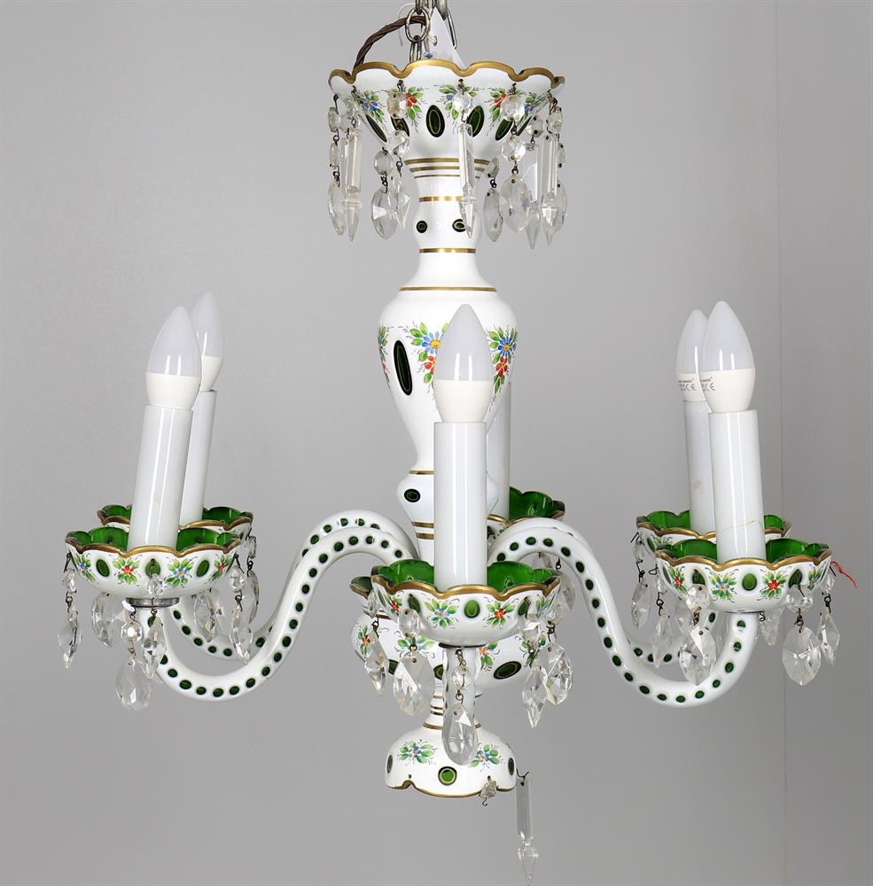 A Bohemian flash cut and floral painted 6 light green and opaque white glass chandelier,