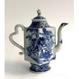 A Chinese blue and white square form teapot depicting rural scenes, handle repaired, marked inside