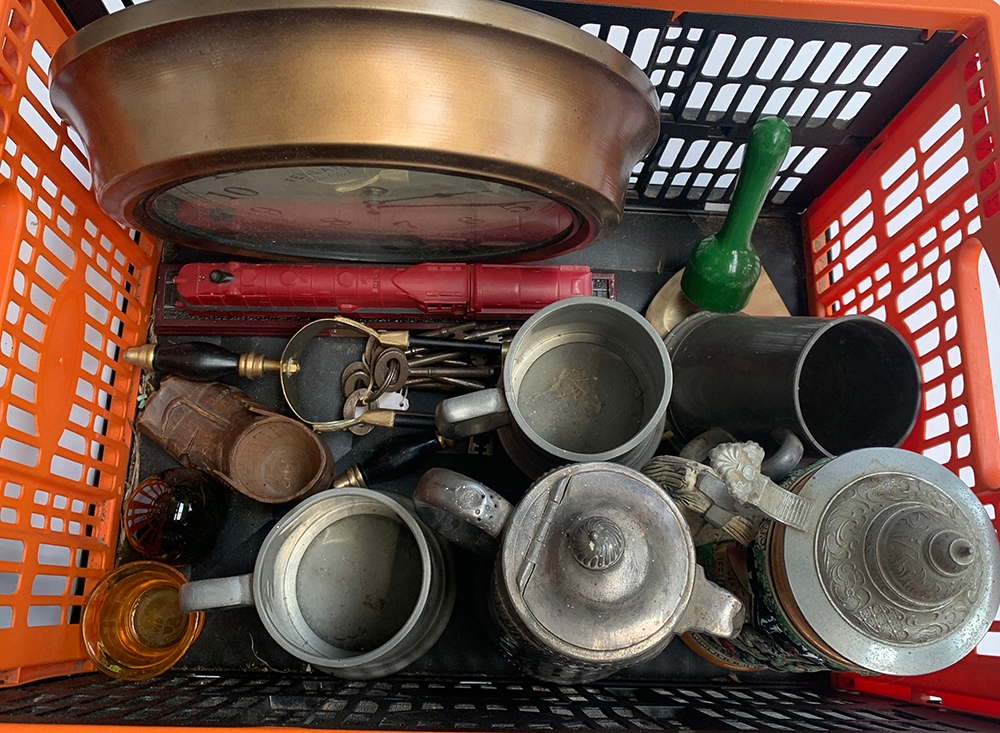 A mixed lot to include Wedgwood glass paperweight; three pewter tankards; German stein; model