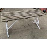 A slatted garden table/bench painted metal supports, 110x50x47cm