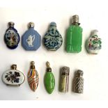 Ten scent bottles to include some silver, Wedgwood jasper ware, hand painted continental scene, fine