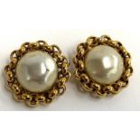 A pair of vintage Chanel clip on earrings, faux pearl with gilt chain design, stamped, each 3cmD