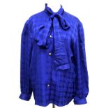 A vintage Roli Couture blue silk check blouse with gilt metal buttons and bow tie, size 38