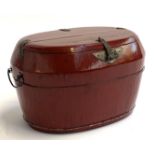 A Chinese red lacquered rice bucket, 32cmW