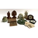 A mixed lot to include carved wooden busts, 3 clocks including an onyx Woodford quartz clock and a