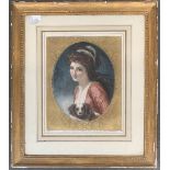 Colour mezzotint of Lady Hamilton after George Romney, the border heightened in gilt, 24.5x20cm