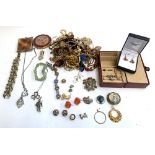 A mixed lot of costume jewellery, to include 925 silver and Baltic amber butterfly earrings;