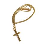 A 14ct gold crucifix set with seed pearls, on a chain marked 10ct with barrel clasp, 40cmL,