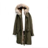 A Holland & Holland gent's fur lined parker coat in dark olive with belt, water repellant, cotton