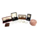 A number of small silver boxes to include Harrods, cut glass salts, cigarette case, silver plated