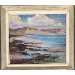 Local Interest: 20th century, oil on board, Golden Cap scene from Charmouth, 29.5x34cm