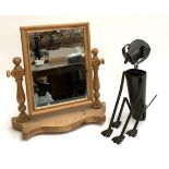 A pine adjustable dressing mirror with bevelled glass, together with a metal dog figure with