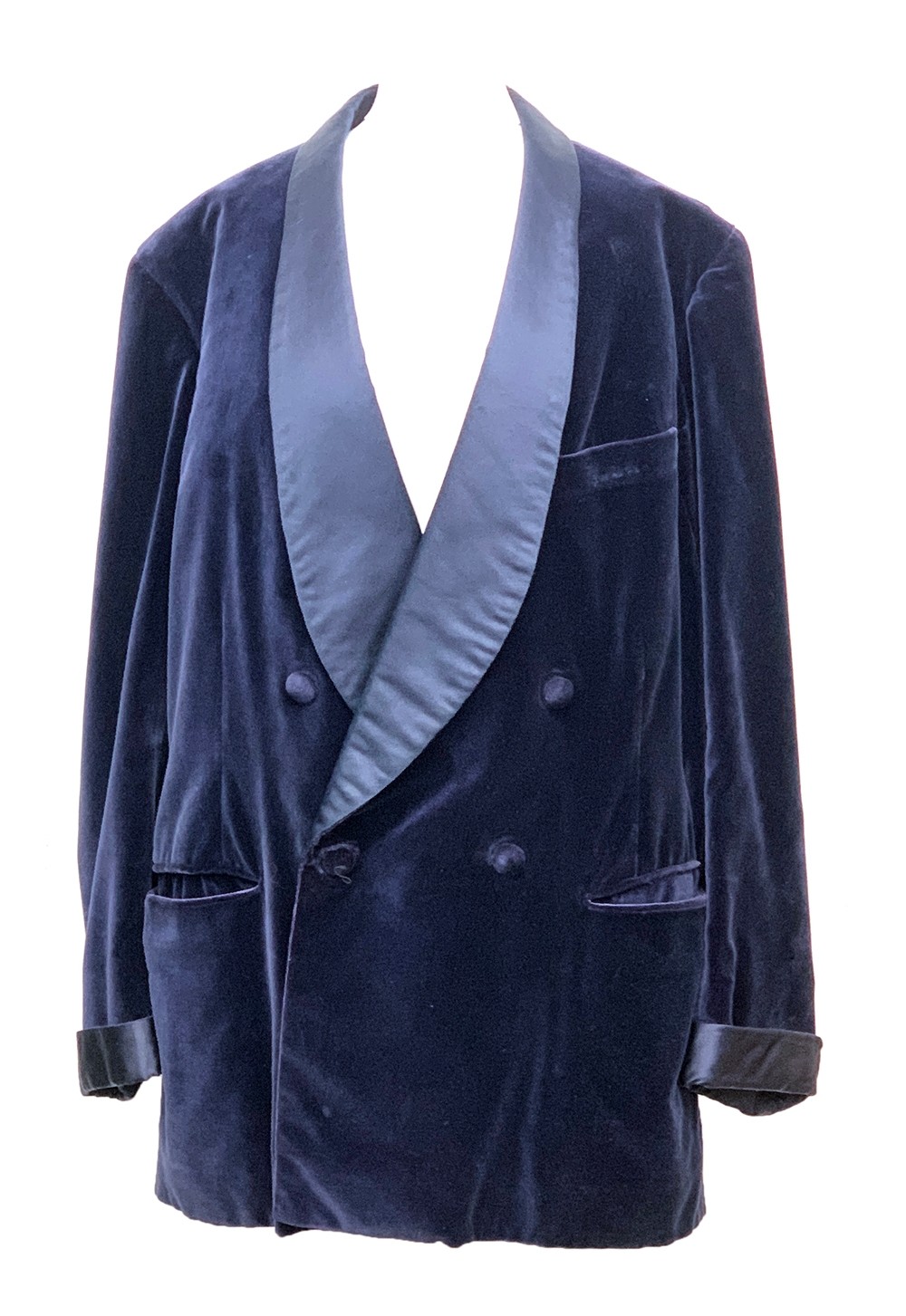 A Davies & Son navy silk velvet double breasted smoking jacket, with shawl collar and turned