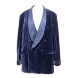 A Davies & Son navy silk velvet double breasted smoking jacket, with shawl collar and turned