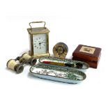 A gilt metal 8 day carriage clock, marked Bayard, a Swiza alarm clock, a small set of opera