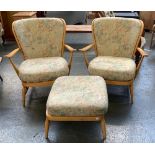 A pair of Ercol stickback beech open armchairs, each 73cmW; together with a matching footstool